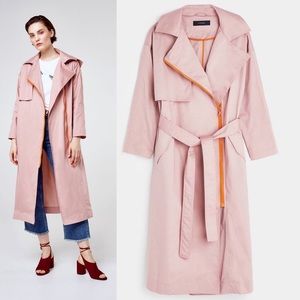 Uterque Pink Zip Up Long Midi Trench Coat with Hood and Pockets Pink Medium